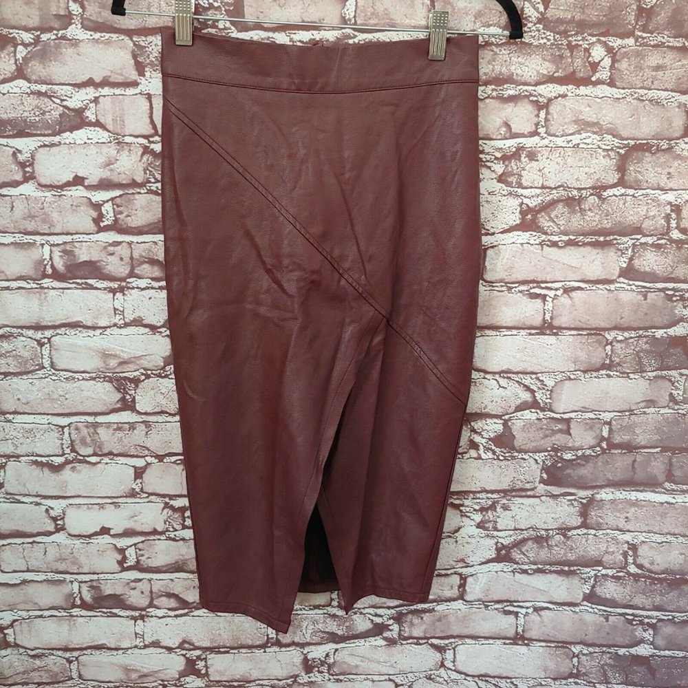 Naked Wardrobe Faux Leather Burgundy Wine Red Midi High Slit Skirt Size Medium